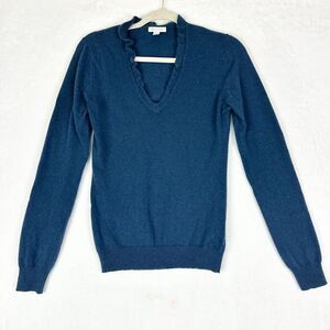 Garnet Hill Cashmere Ruffled V-Neck Sweater Size XS Navy Classic Minimalist
